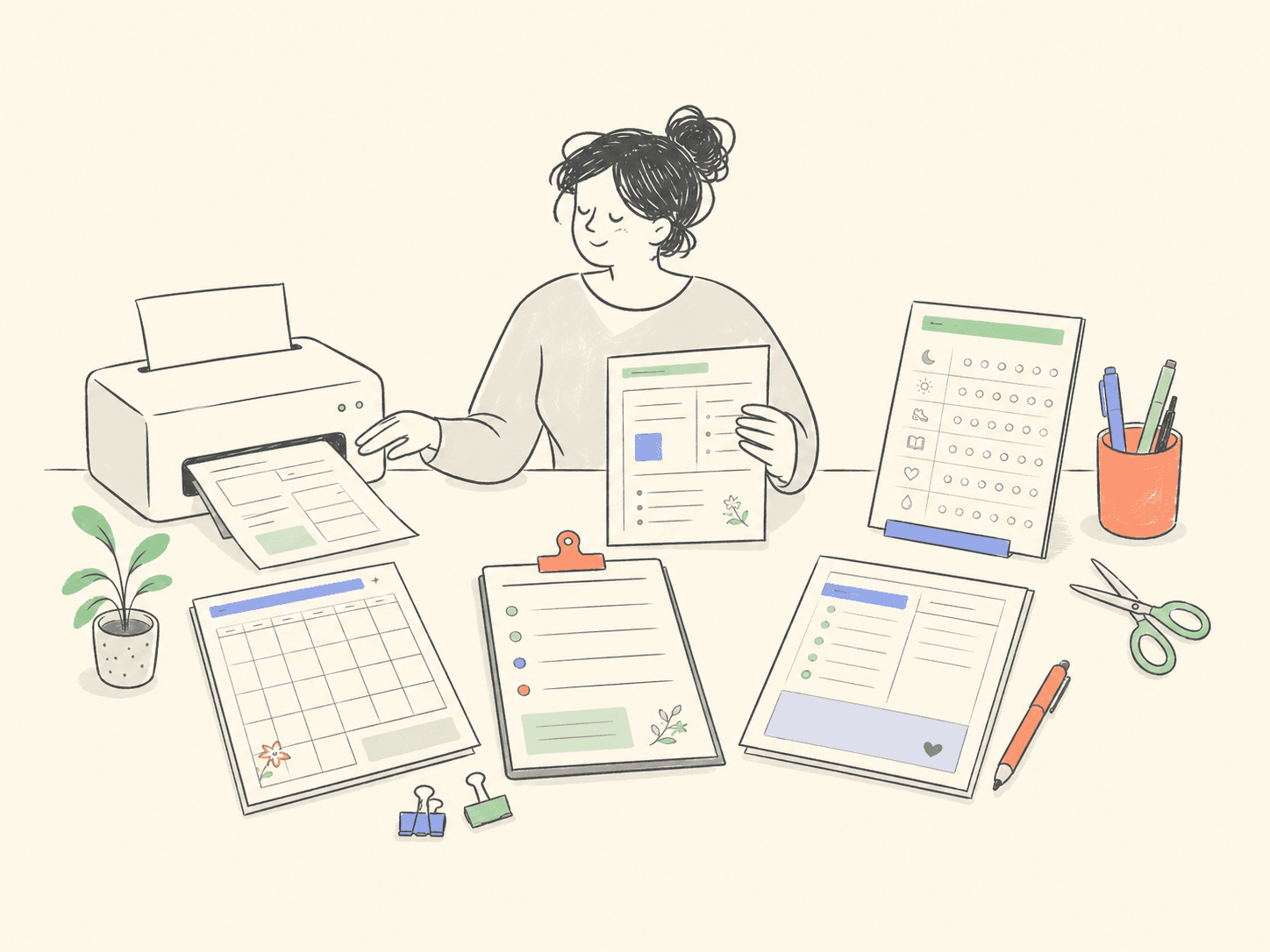 An illustration of a person at a desk with a printer, holding a freshly printed planner page, surrounded by a calendar, a chore chart and a clipboard