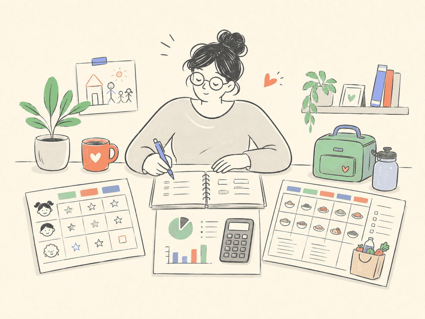 An illustration of a person writing in a planner, with a star reward chart, a budget page and a weekly meal plan spread out in front of them